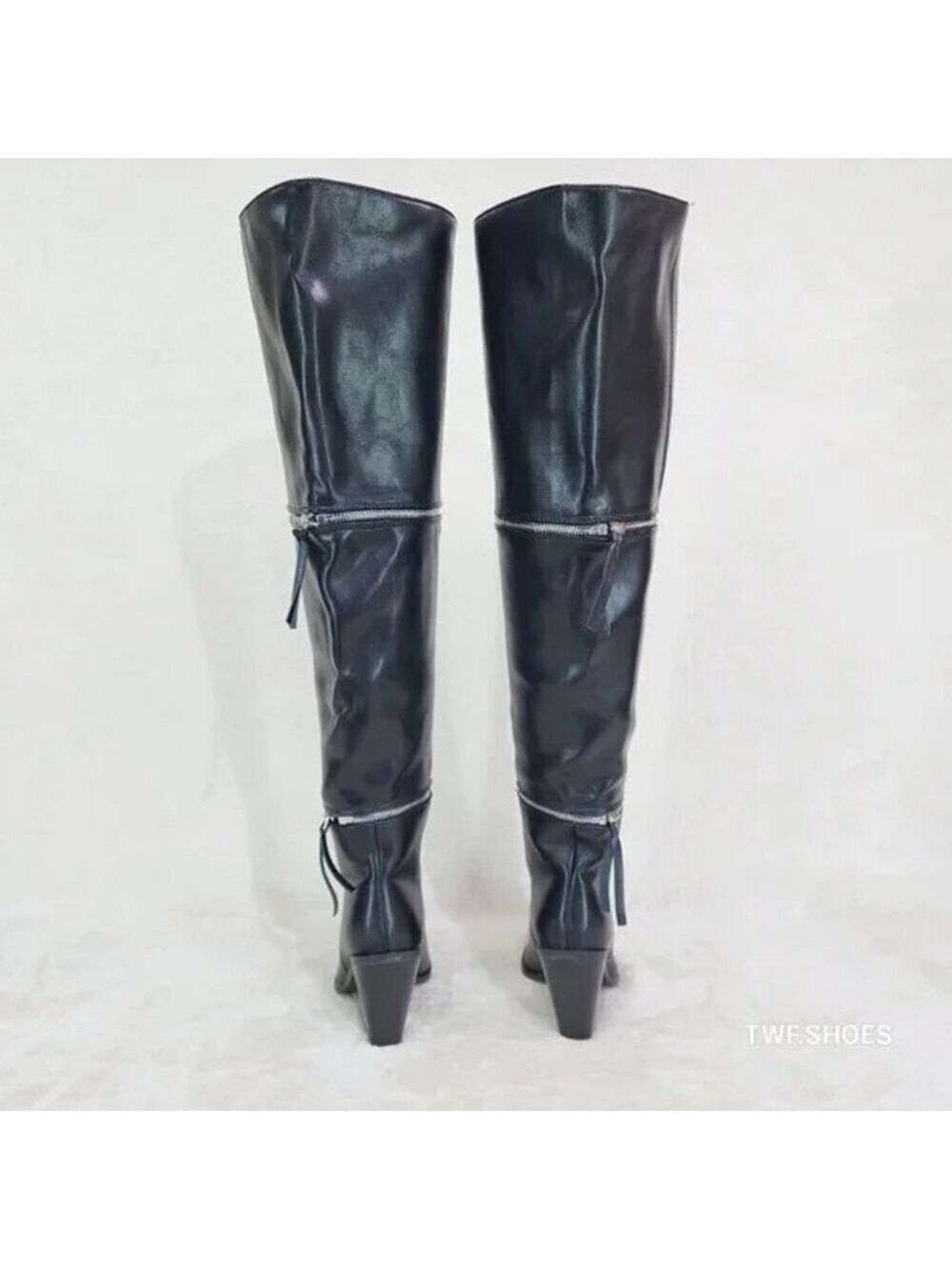 NIB Alexa Western Wedge All in One Zipper Shaft Ankle Knee & Thigh Boots Black - Picture 11 of 15